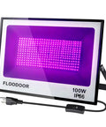 100W Outdoor Black Light for Glow Parties Halloween with Plug IP66 Waterproof UV Blacklight, angled view with power cable