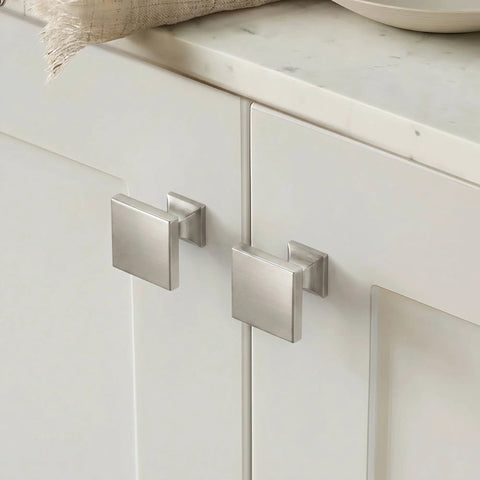 Sweet Brushed Nickel Cabinet Knobs 6 Pack Premium Zinc Alloy Square Drawer Pulls on white cabinet doors.