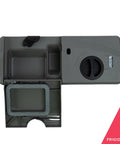 Image of gray dishwasher detergent and rinse aid dispenser, dishwasher replacement part, showing compartments and controls.