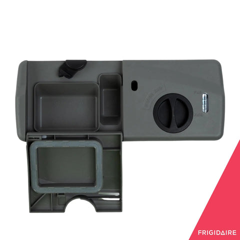 Image of gray dishwasher detergent and rinse aid dispenser, dishwasher replacement part, showing compartments and controls.