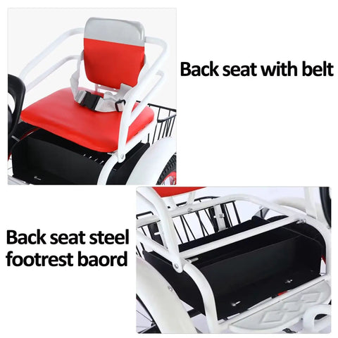 Dual Rider Trike With Rear Passenger Seat Outdoor Three-Wheel Pedal Tricycle seat with red PU leather backrest
