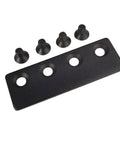 Sliding Barn Door Track Connector Black With A Frosted Finish Heavy Duty Steel And POM Nylon Hardware For Quiet Smooth Sliding And Durable Mounting On Standard Tracks Includes One Connector, showing the connector with four holes and accompanying hardware.