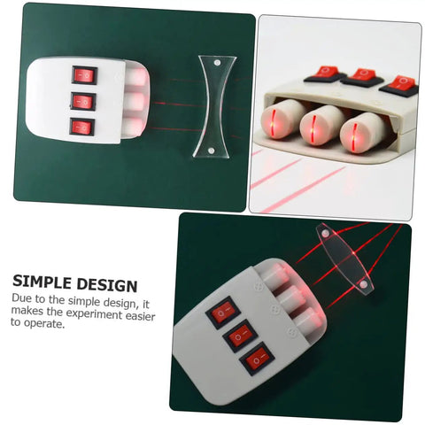 Three Piece Physics Experiment Set With Ray Box Optics Lab Light Source For Refraction And Linear Light Experiments Kit showing ray box with red switches and light paths.