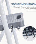 Close-up of anti-slip pedal and locking mechanism on Three Step Stool With Anti Slip Pedals And Comfortable Handrail, Heavy Duty Portable Step Ladder For Kitchen Garage And Outdoor Use, 800 Lb Capacity, Foldable Slim Design, Gray, Easy To Carry.