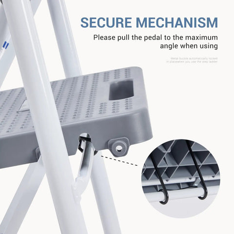 Close-up of anti-slip pedal and locking mechanism on Three Step Stool With Anti Slip Pedals And Comfortable Handrail, Heavy Duty Portable Step Ladder For Kitchen Garage And Outdoor Use, 800 Lb Capacity, Foldable Slim Design, Gray, Easy To Carry.