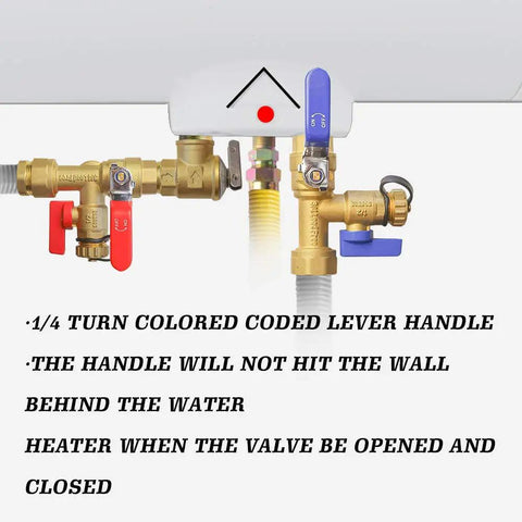 Three Quarters Inch IPS Isolator Tankless Water Heater Service Valve Kit Red and Blue Handles close-up