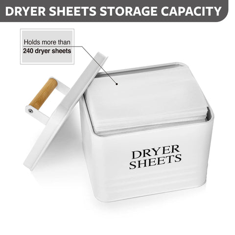 Modern Farmhouse Metal Laundry Dryer Sheets Holder With Lid Easy Grab Dispenser No Fuss Space Saving Organizer For Laundry Room Decor White Finish Set Kit, open view with 240 sheets capacity