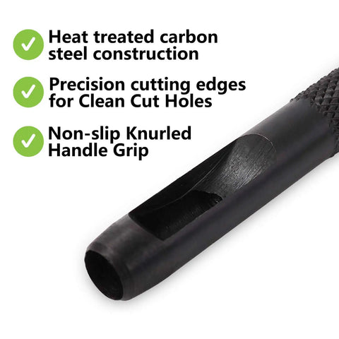 Close-up of 12 Piece Hollow Punch Set 1/8 To 3/4 Inch showing heat-treated carbon steel and knurled handle grip.