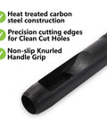 Close-up of the Hollow Leather Punch Set Nine Piece Pro Grade 2.5mm To 10.0mm Carbon Steel Round Punches showing knurled grip and cutting edge.