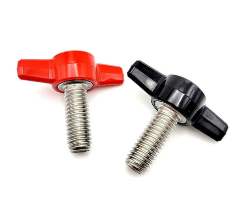 Badass 3/8 X 1 T Bolts With Butterfly Clamping Knobs Solid 304 Stainless Steel Thumb Screws in red and black.