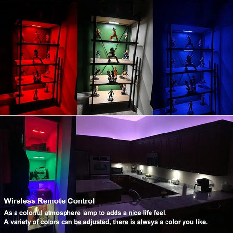 Wireless Under Cabinet Lights Kit With 48 LED RGB Color Changing on shelves, remote control, colorful lighting in room