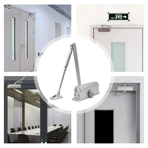 Buffer Door Closer With Hydraulic Buffer, 40 To 60 Kg, Adjustable Speed, shown installed on different doors