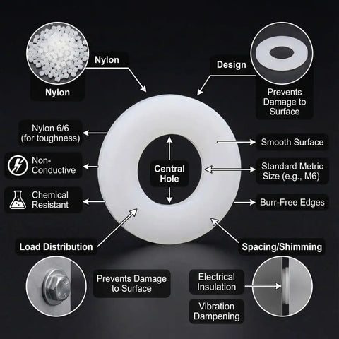 Top Shelf M20 Nylon Flat Washers, 36mm OD white plastic insulating spacers for bolts, non-conductive hardware fasteners.