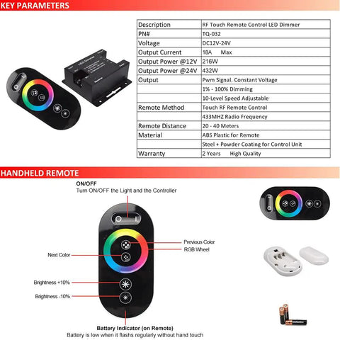 RGB LED Dimmer Switch With RF Wireless Control And Sliding Remote Dimmable PWM DC 12V 24V 18A For LED Strip Lights controller components
