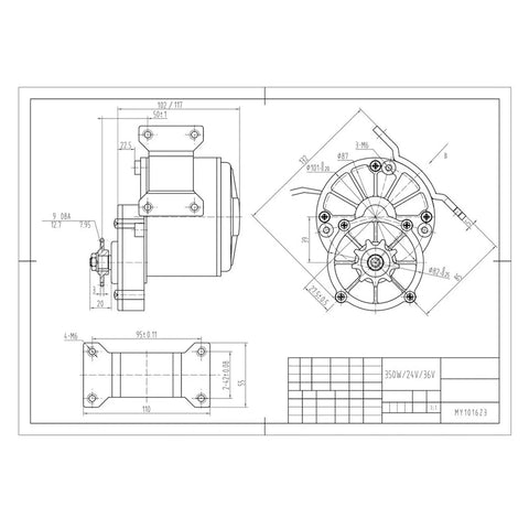 Diagram of 350W 24V electric bicycle motor dimensions for conversion kits and specifications.