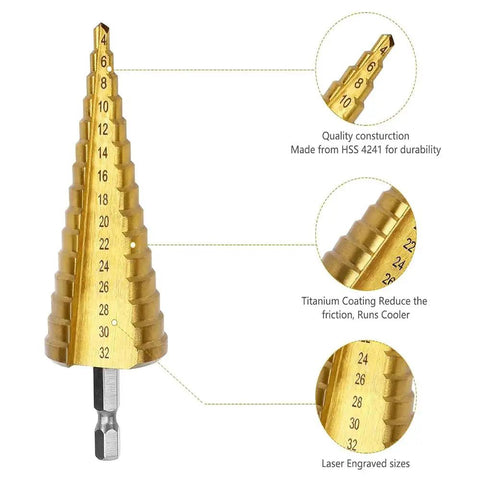 Step Drill Bit Set 4-32mm HSS Titanium Coated Quick Change Cone Bit With One Quarter Inch Hex Shank For Metal Plastic Wood
