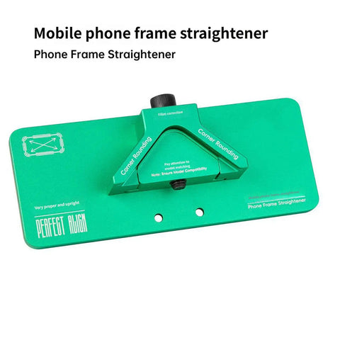 Pro Grade High Precision Aluminum Frame Straightener Tool For Mobile Phone Repair, green aluminum fixture with corner rounding feature
