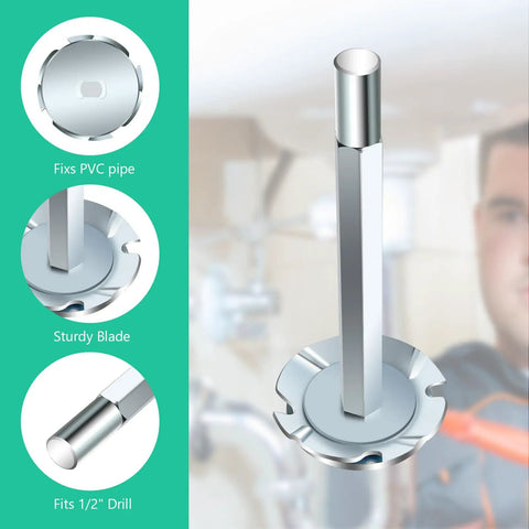 Four Piece PVC Pipe Reamer Set with socket saver heads for removing SCH 40 from hub, durable stainless steel, fits 1/2 in drill