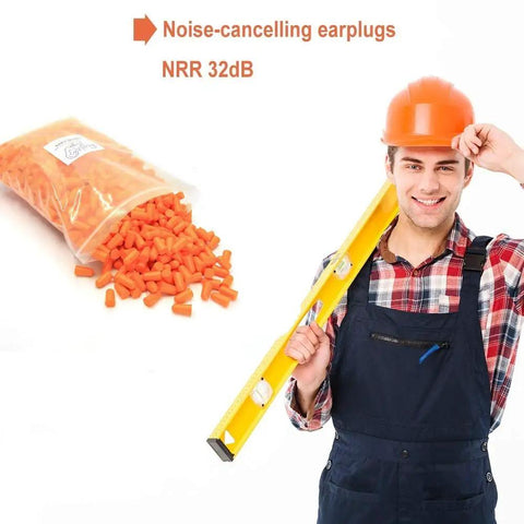 Bulk Foam Ear Plugs 500 Pairs With 32 dB Noise Reduction, packaged bag next to a smiling construction worker holding a level.