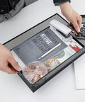 Person organizing papers in All Purpose No Fuss A4 Sized Metal Mesh Desk Drawer Organizer Tray Set For Office And Home Versatile Storage Box