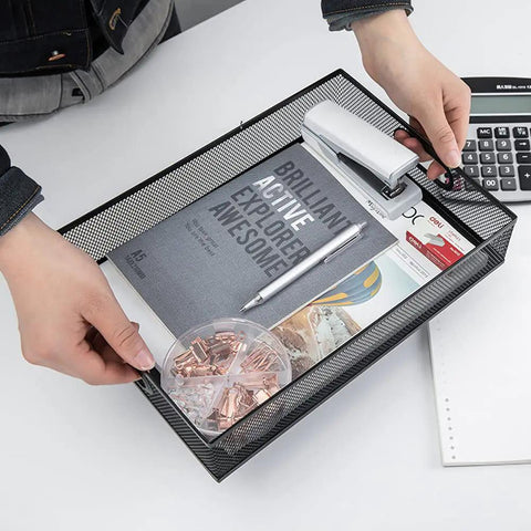 Person organizing papers in All Purpose No Fuss A4 Sized Metal Mesh Desk Drawer Organizer Tray Set For Office And Home Versatile Storage Box