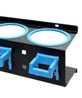 Badass Cold Rolled Steel Wall Mounted Spray Bottle Holder Locks Down Four Cans For Detailing and blue holders.