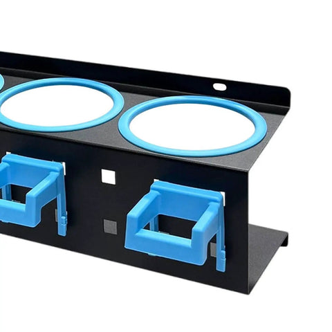 Badass Cold Rolled Steel Wall Mounted Spray Bottle Holder Locks Down Four Cans For Detailing and blue holders.
