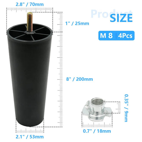 4 Pack 8 Inch Round Tapered Plastic Sofa Legs Replacement For Chairs Sofas Cabinets Dressers Loveseats Ottomans And Beds With M8 Hanger Bolts Easy Install Durable Black Finish shown with size measurements