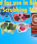 Low Odor Bike Degreaser For Chains And Parts Cleaners, Bio Friendly, shown with chain cleaning tools and bottle