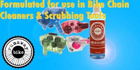 Low Odor Bike Degreaser For Chains And Parts Cleaners, Bio Friendly, shown with chain cleaning tools and bottle