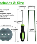 Green Painted Turf Stakes Set With 50 Stakes And 50 Buffer Washers 6 Inch 11 Gauge Heavy Duty Lawn Spikes For Grass Weed Barrier And Sod Fabric Rustproof Green Coated Ground Pins Reusable And Easy To Install product components including stakes, washers, and pick hook with size details.