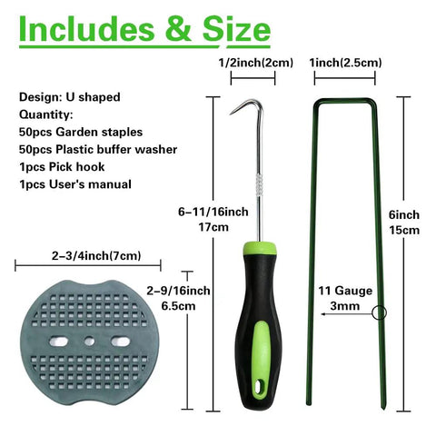 Green Painted Turf Stakes Set With 50 Stakes And 50 Buffer Washers 6 Inch 11 Gauge Heavy Duty Lawn Spikes For Grass Weed Barrier And Sod Fabric Rustproof Green Coated Ground Pins Reusable And Easy To Install product components including stakes, washers, and pick hook with size details.