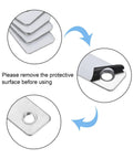 Close-up of 10Pcs Flat Mending Corner Brace Plate Set 76x12mm, silver tone detail, protective layer removal instructions.