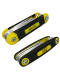 Top Shelf 17 Piece Folding Allen Wrench Set With Flex Head Metric And SAE Hex Keys portable folding tool with yellow grips.