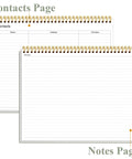 Weekly Productivity Planner Notepad For Busy Pros, 8.5 by 11 inch dashboard organizer displaying contacts and notes pages.