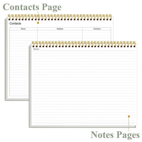 Weekly Productivity Planner Notepad For Busy Pros, 8.5 by 11 inch dashboard organizer displaying contacts and notes pages.
