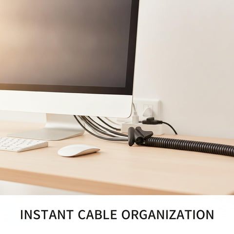 Spiral Cable Wrap With Lead Wire Tool Black Cord Management Sleeve for organizing wires behind desk, tangle-free setup shown.