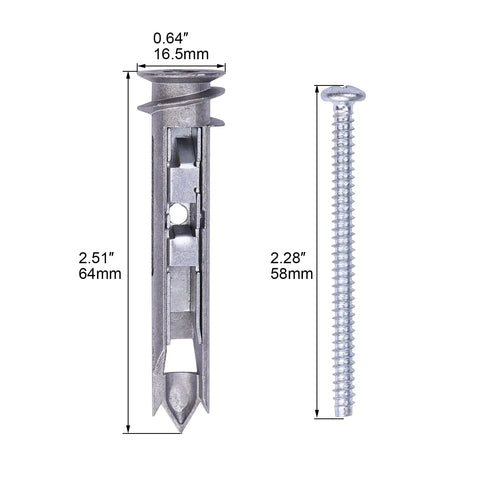 Heavy Duty Zinc Drywall Anchors Kit With 25 Self-Drilling Toggle Anchors And Screws For Hollow Walls Holds Up To 100 Lb No Drill Holes Needed Durable Toggle Bolts For Easy Wall Mounts. Zinc anchor and 2.28 in screw with size measurements