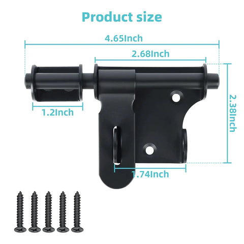Black Heavy Duty Slide Bolt Latch Tough As Nails Security Gate Lock For Outdoor Fences Garden Sheds Barn Rust Proof Door Hardware Stainless Steel 4 Inches Wide with size dimensions shown.
