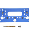 Dead Nuts Accurate Drill Locator Jig And Hole Puncher Built From Tough Aluminum Alloy for cabinet assembly showing blue fixture with drill bit.