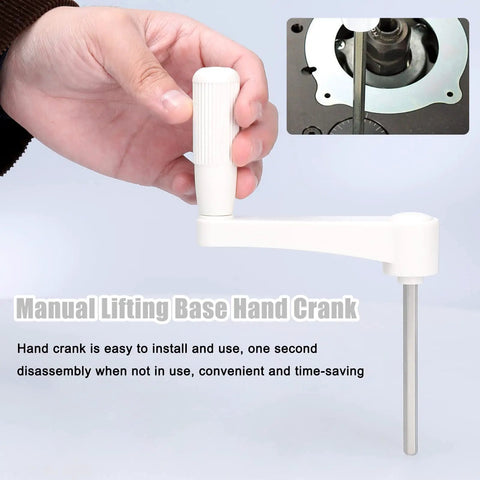 Heavy Duty Router Lift Table With Anti Slip Hand Crank and Quick Turn Screw Rod for Precision Woodworking Projects, showing the hand crank in use.