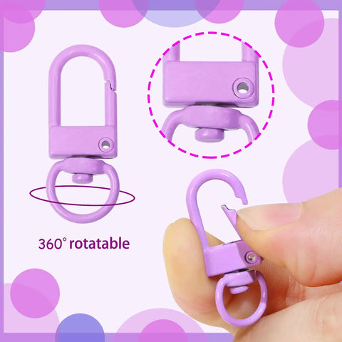 Forty Five Piece Rock Solid Metal Lobster Claw Clamps With Dope Mixed Color Combo showing a purple zinc alloy swivel snap hook, 360° rotatable.