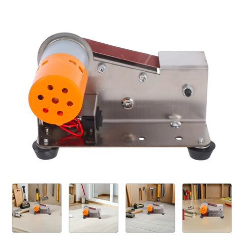 Plug And Play Mini Electric Belt Sander With Twenty Emery Belts Heavy Duty Desktop Grinder showing motor and steel chassis.
