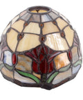 Red Tiffany Style Stained Glass Tulip Table Lamp With Bronze Metal Leaf Base, showing floral stained glass shade detail