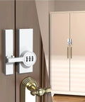 Side view of 2 Pack White 180 Degree Barn Door Lock With 3 Digit Password Keyless Mechanical Lock Flip Latch on wooden door and cabinet.