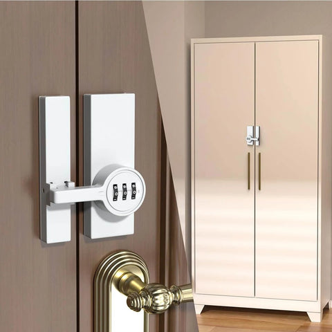 Side view of 2 Pack White 180 Degree Barn Door Lock With 3 Digit Password Keyless Mechanical Lock Flip Latch on wooden door and cabinet.