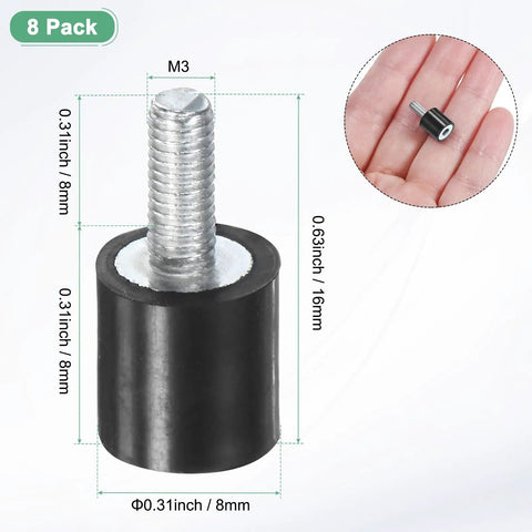 8 Pack D8mm By H8mm Rubber Mounts Vibration Isolators Cylindrical Shock Absorbers With M3 X 8mm Studs For Air Compressors Cars Pumps Boats Garage Motors Bobbins black rubber mount with M3 stud, 8mm x 8mm