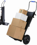 Heavy Duty Electric Stair Climbing Hand Truck Featuring A Beefy 1500 Watt Motor Moves 880 Pounds Of Furniture Or Warehouse Load Up Stairs Without Skipping A Beat During Your Daily Hustle Grind, loaded with cardboard boxes.