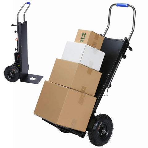 Heavy Duty Electric Stair Climbing Hand Truck Featuring A Beefy 1500 Watt Motor Moves 880 Pounds Of Furniture Or Warehouse Load Up Stairs Without Skipping A Beat During Your Daily Hustle Grind, loaded with cardboard boxes.