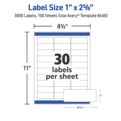 Premium Printable Address Labels For Mailing And Shipping Projects That Slide Through Your Printer With No Sweat Featuring Smooth Feed Tech One By Two Point Five Eight Inches Customizable White Stickers Three Thousand Count label sheet dimensions 1x2.58 inches with 30 labels per sheet.
